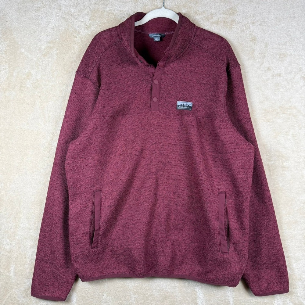 Eddie Bauer Mens Pullover Fleece Snap Neck Shirt Burgundy Heather Size L